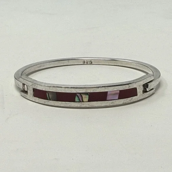 Vintage Mexico 925 Sterling Silver Abalone Red Shell Inlay Hinged Cuff Bracelet - Picture 16 of 16